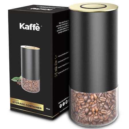 Kaffe Airtight Coffee Storage Container - Round - Black/Gold - 16oz KF3032G